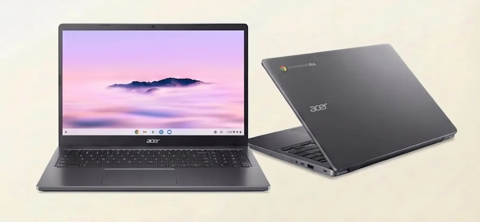 Acer Chromebook Plus 514 — vista frontal y posterior.