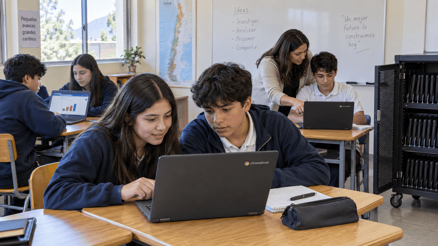 Escena creada con IA: estudiantes trabajan con Chromebooks en una sala con estación de carga.