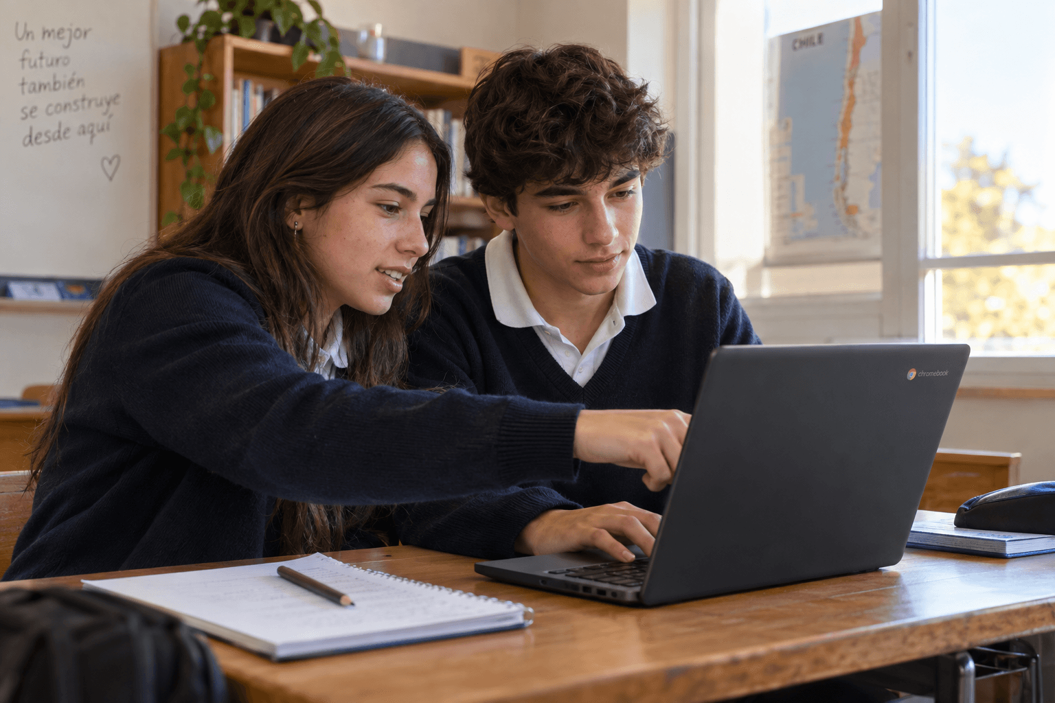 Escena creada con IA: dos estudiantes colaboran con un Chromebook.