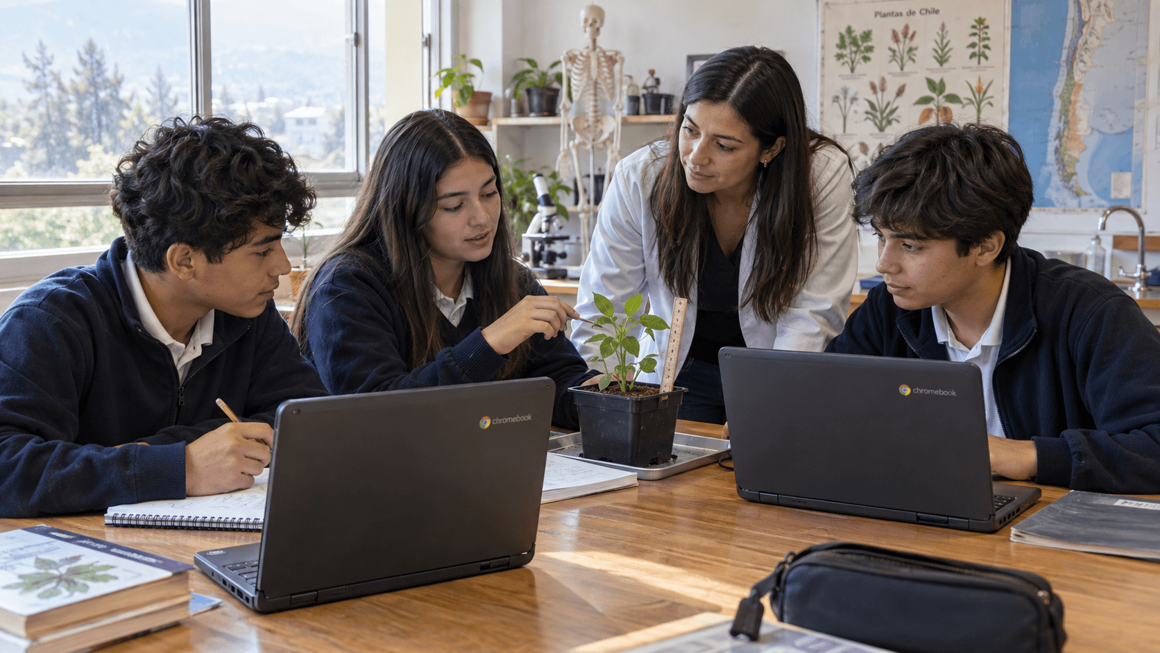 Escena creada con IA: estudiantes investigan una planta con su docente y Chromebooks.