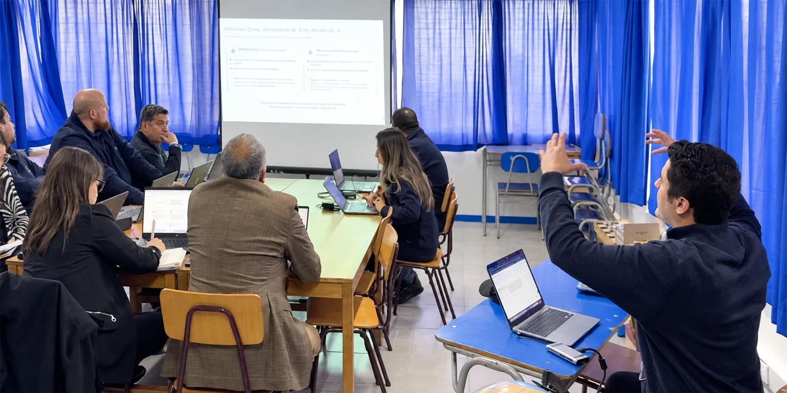 Docentes participando en un taller práctico con computadores; fotografía mejorada con IA.