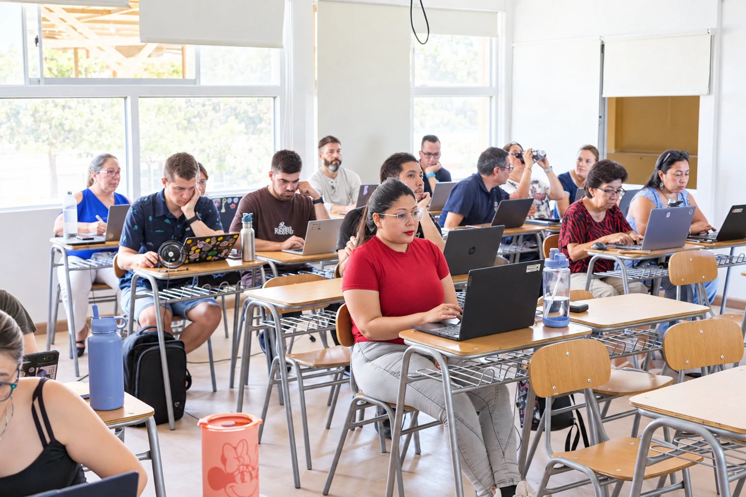Docentes trabajando con computadores durante una jornada de formación en el aula.