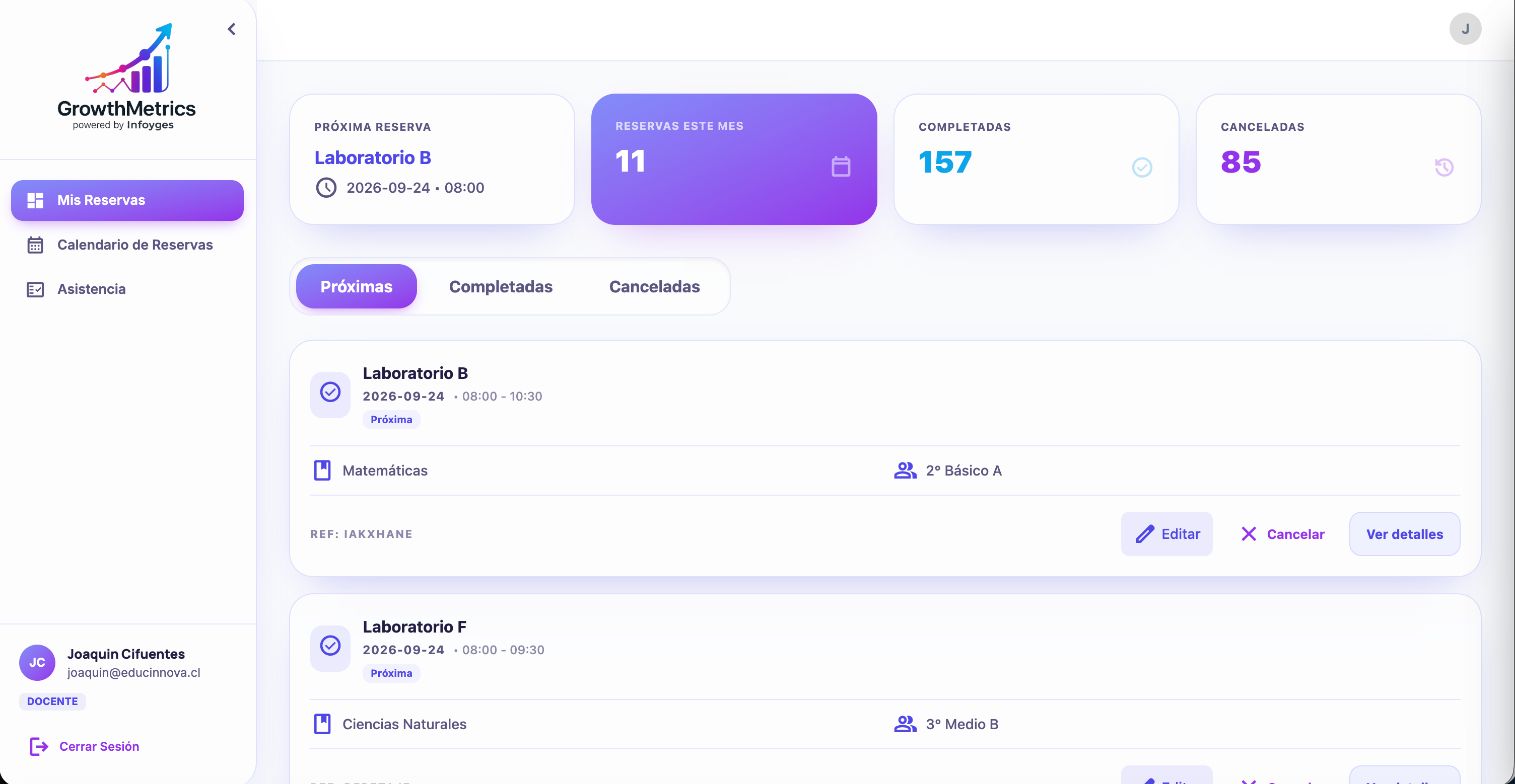 Vista docente de GrowthMetrics: próximas reservas, calendario y asistencia.